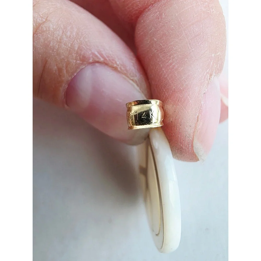 14K Yellow Gold Peace Sign Pendant Mother of Pearl Shell Charm 1 Inch